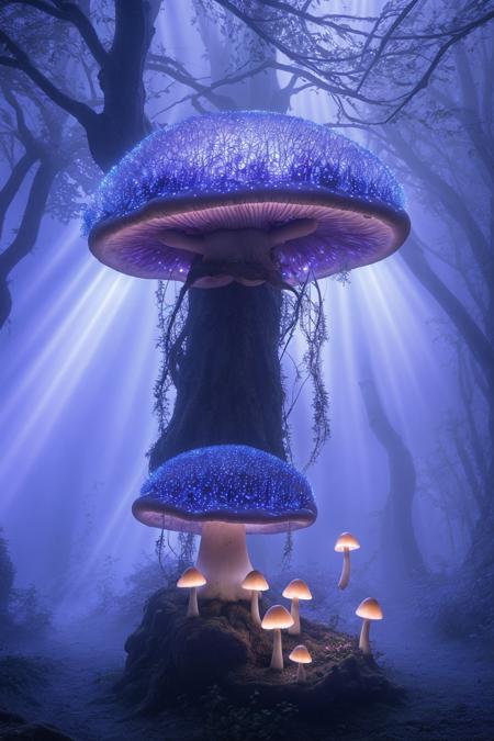 misty enchanted forest, glowing mushrooms scattered on the forest floor, ancient trees with twisting branches, soft blue and purple lighting, gentle fog rays through trees, fantasy magical vibe, high detail forest floor