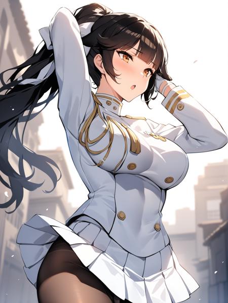 takao_\(azur_lane\),long hair, military_uniform,white_gloves, white_skirt, pantyhose, takao_\(azur_lane\),long hair,black serafuku,black skirt,pantyhose, takao_\(azur_lane\),long hair,race_queen, bare_shoulders, elbow_gloves,cleavage cutout, bodysuit, takao_\(azur_lane\),long hair,white_swimsuit, takao_\(azur_lane\),hair flower, chinese clothes, smile,white legwear,garter_straps,bridal_gauntlets,side-tie,