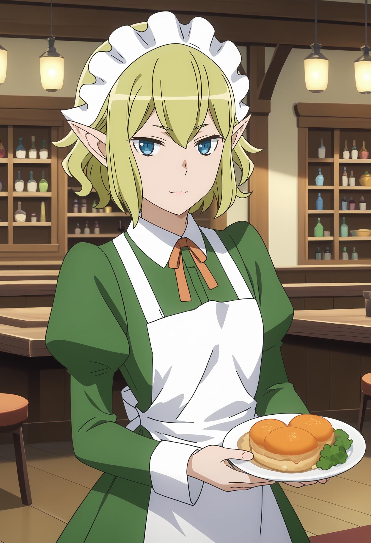 score_7_up, anime screencap,
<lora:DanMachi_RyuuLionXL:0.9>,
1girl, solo, closed mouth, light smile,
short hair, blonde hair, green hair, blue eyes, pointy ears,
RyuuMaid, green dress, white headdress, white apron, neck ribbon, orange ribbon, juliet sleeves, long sleeves, black pantyhose,
holding plate,
standing, looking at viewer,
indoors, fantasy, restaurant