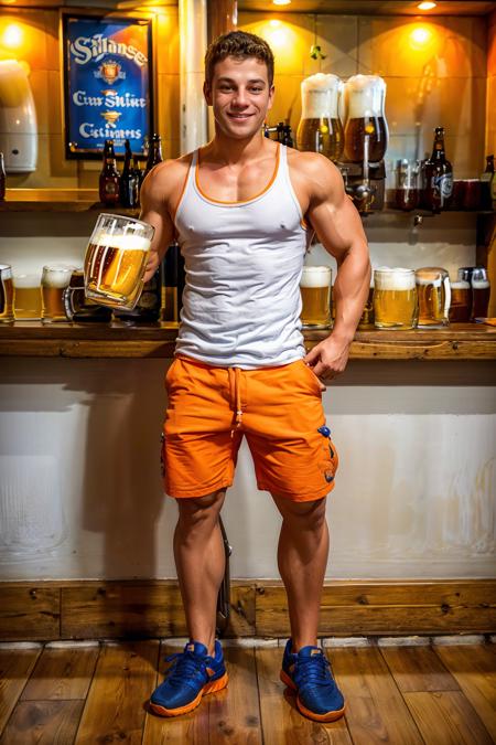 brew pub, standing at the bar, muscular YannisPaluan, wearing plain white tank top, smiling, (((holding a glass mug of beer))), (orange shorts), blue sneakers, masterpiece, (((full body portrait)))  <lora:YannisPaluan:0.75>