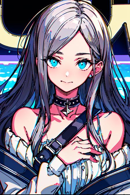 ultra realistic 8k cg, masterpiece, intricate detail,best quality, chromatic aberration, 1girl, long hair, eye highlights,sharp eyes,off shoulder,choker, <lora:Kaneni:1>