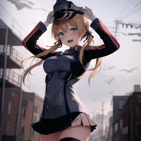 (masterpiece, best quality:1.2),illustration,8k,hd,1girl,solo,hat,blonde hair,twintails,uniform,gloves,hair ornament,military uniform,anchor hair ornament,peaked cap,white gloves,low twintails,iron cross,breasts,smile,long sleeves,military hat,long hair,green eyes,aqua eyes,microskirt,black thighhighs,black skirt,pleated skirt,<lora:Prinz Eugen-V1:0.9>,