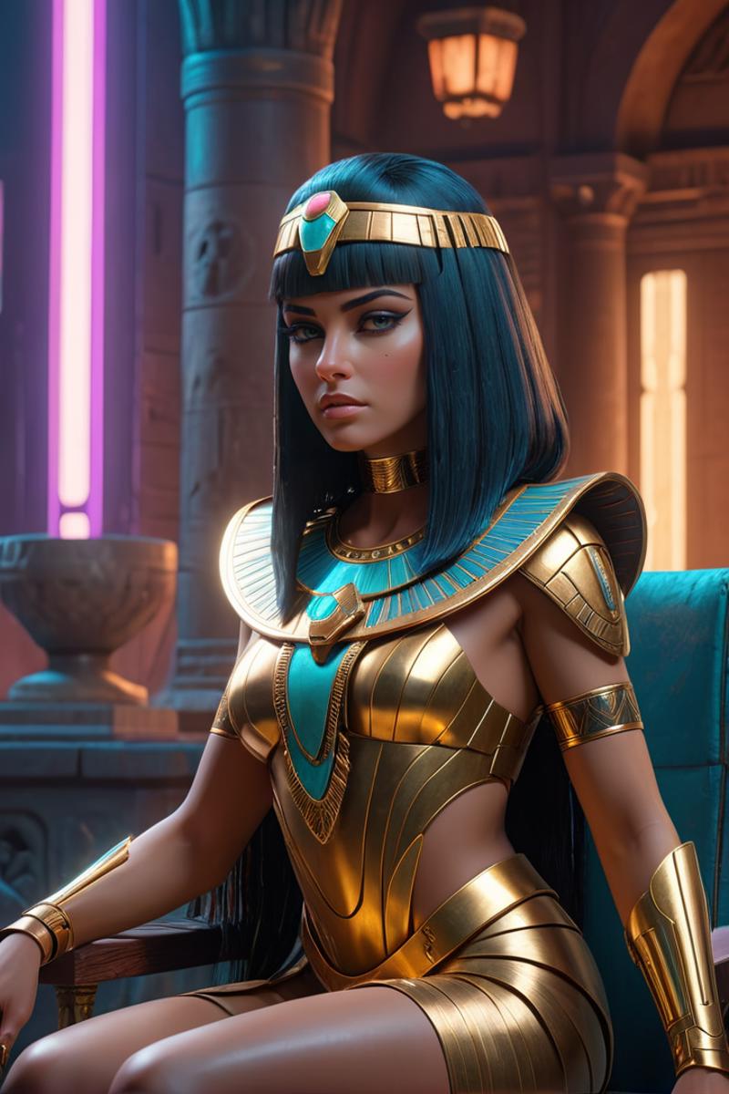 Egyptian Queen in Gold and Blue Costume.