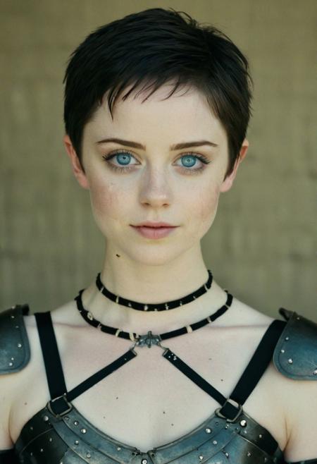 young women, beautiful, innocent, pretty, detailed face,dark short hair, big blue eyes, detailed eyes, serious smile, battle scars on body, looking at the viewer, white pale skin, tight waist, feminine body, black necklace, torn black medivial armour, (upper body focus:1.2), Film Still, Cinematic, Cinematic Lighting, cinematic photo, close up
