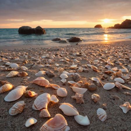 Beach with sunset, phosphorescent rocks powered by light or solar energy, seashells, high definition