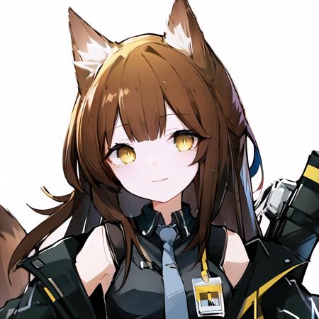 (high quality, high resolution:1.3), 4k, masterpiece, 
BREAK
1girl,  <lora:Franka:0.8>, Franka, 1girl, animal ears, upper body, fox ears, brown hair, tail, yellow eyes, necktie, shirt, sleeveless shirt, grey necktie, off shoulder, jacket, smile, standing, id card, simple background, white background, <lora:quan_style:1:1:lbw=1,0,0.5,0,0.5,1,1,1,1,1,1,0.5,0.5,0.5,0.5,0.5,0.5> , quan style, avatar, <lora:NoiseOffset_v2:1.0><lora:NoiseOffset_v2:1.0>