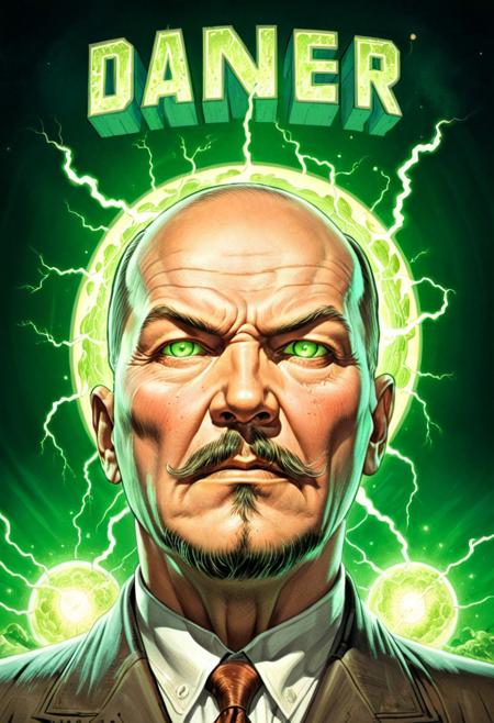 Vladimir Lenin
Glowing eyes. Danger. Entity. Illustration. Fabulous palette. Grand composition. Comic book cover. Comic book panel. Sci fi. 
Expressive eyes.  Edgy. Mean. Fun. Celestial backdrop. 
detailed skin, pores, sweat, blush, tan
Necron, electricity, green glow, green theme,