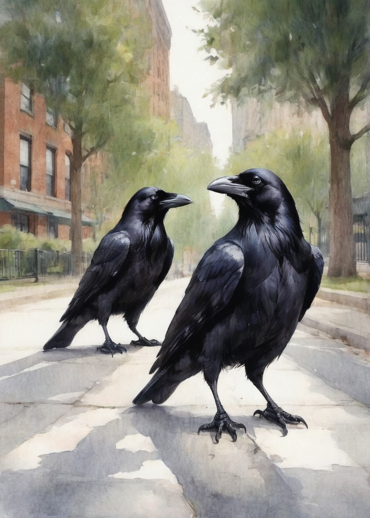 2 ravens on a city park sidewalk closeup low angle