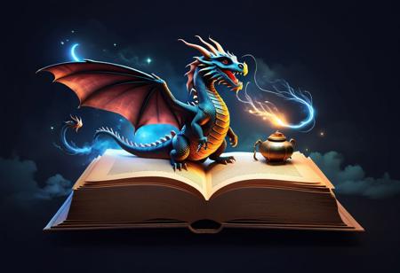 A realistic image of a fantastic landing page designed like an ancient enchanted book. Responsive design adapted to any screen, while maintaining the fantastic atmosphere, Fire-breathing dragons come out of the book, it looks incredibly realistic, even witches on brooms in the air. 
You can clearly see that the dragons come out of the book.
A mysterious witch enters the book.
 A special font, resembling an ancient manuscript, gives a sense of authenticity. Spectacular vector illustrations of magical creatures, breathtaking landscapes and fantastic architecture decorate the page. Micro-interactive animations give life to the page, like a light flickering of light on top of the writing or a gentle movement of magical creatures. A special soundtrack, combining classical music with sounds from the fantastic world, creates a magical and mysterious atmosphere. The title is written in a unique and attention-grabbing handwriting. The content is written in rich and imaginative language, using fantastic terms. The CTA button is designed like a magical gate, inviting the user to enter a new world. A registration form is integrated into an ancient book, where the user can enter his name and contact information. Responsive design adapted to any screen, while maintaining the fantastic atmosphere.
Text: "New style artificial intelligence, artistic photo creation"