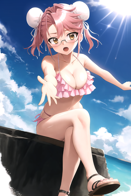 masterpiece, best quality, best aesthetic, 
takagi saya, solo, open mouth, cleavage, brown eyes, swimsuit, bikini, frills, glasses, hair bun, double bun, transparent background, sandals, crossed legs, outstretched arm, foreshortening, frilled bikini, pink bikini, bun cover, high quality, absurdres, cowboy shot, 8k,  <lora:Saya_Takagi-10:0.9:OUTALL>