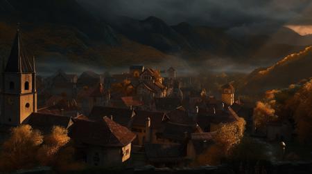 a beautiful complex and detailed medieval european village a foreground a rather dark sky but bright sacred nestled around a mountain range where enormous amounts of golden veins are buried landscape indirect lighting 4k overall brightness volumetric lighting epic composition photorealism ultra hd ultra detailed