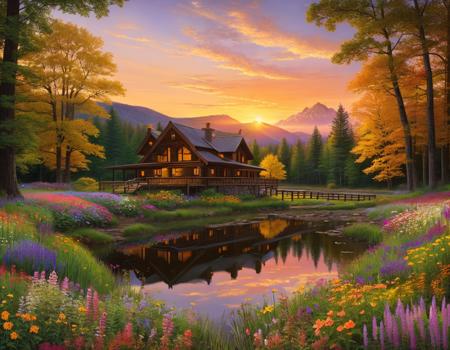 log house with view to the sunrise near some colorful flowers, hyperrealistic, digital painting, masterpiece, high quality, highly detailed, high coherence, path traced, serene landscape, beautiful, elegant, bloom, godrays, complementary colors, natural lighting, symmetrical, low contrast, geometrically correct