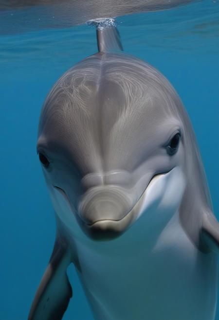 close-up of the face of a dolphin, underwater view