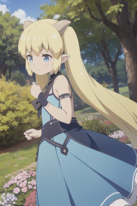 <lora:CuV1.2:.6>, cu, 1girl,  blonde hair, blue eyes, twintails, horns, pointy ears, very long hair,  solo, dress, outdoors, scenic, flowers, closed mouth, 