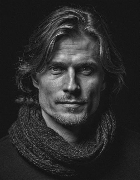 a upper body black and white portrait of a man in a black sweater and scarf black posing for a picture, messy long hair, mert and marcus, angular face, eric winter, tight around neck, simple black background, man in black, inspired by Jemima Blackburn, age 58, (low contrast:1.4) flash-photography, (flim grain:1.6)