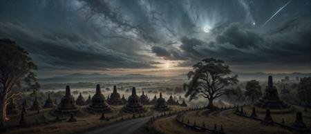 (a close up photo of lonely scary tree), edge of a cliff, panorama photo of a night, (elvish countryside), far metropolitan cities, lonely home, graveyard, wind,  <lora:Thai_temple:0.2> (borobudur temple, heavenly aura, road), <lora:XSArchi_127:0.4> scenery, no human,  <lora:TempestMagic:0.5> tempestmagic, water,  <lora:PAseerStarSkyV1:0.3> stars,  constellation, moon, ground level, forest