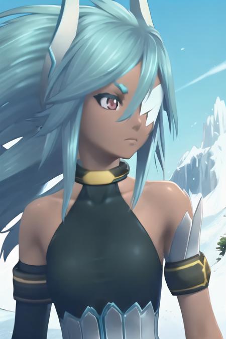 Celsius /(Tales of Xillia/), ice hair, ice horns, red eyes, eyepatch, bare shoulders, bodysuit with choker, armband, single detached sleeves, elbow glove, uneven legwear, pale blue long skirt with blue trim, white footwear