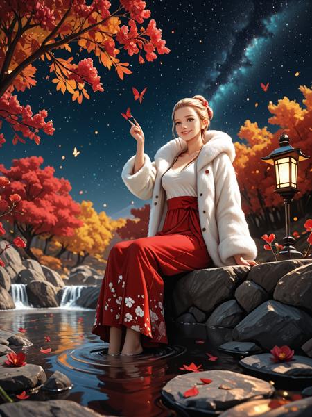 1 girl,SavanahK, blond hair, green eyes, medium breasts, 1 girl,SavanahK, blond hair, green eyes, medium breasts, realistic, photorealistic, beautiful,(plum blossom), red Butterflies,((autumn)),((red and white flowers)),(starry sky),(sitting),scenery,lantern,(starfall),1girl, solo, from below, lake, victory pose, hair pulled back, fur coat, long skirt, smile,