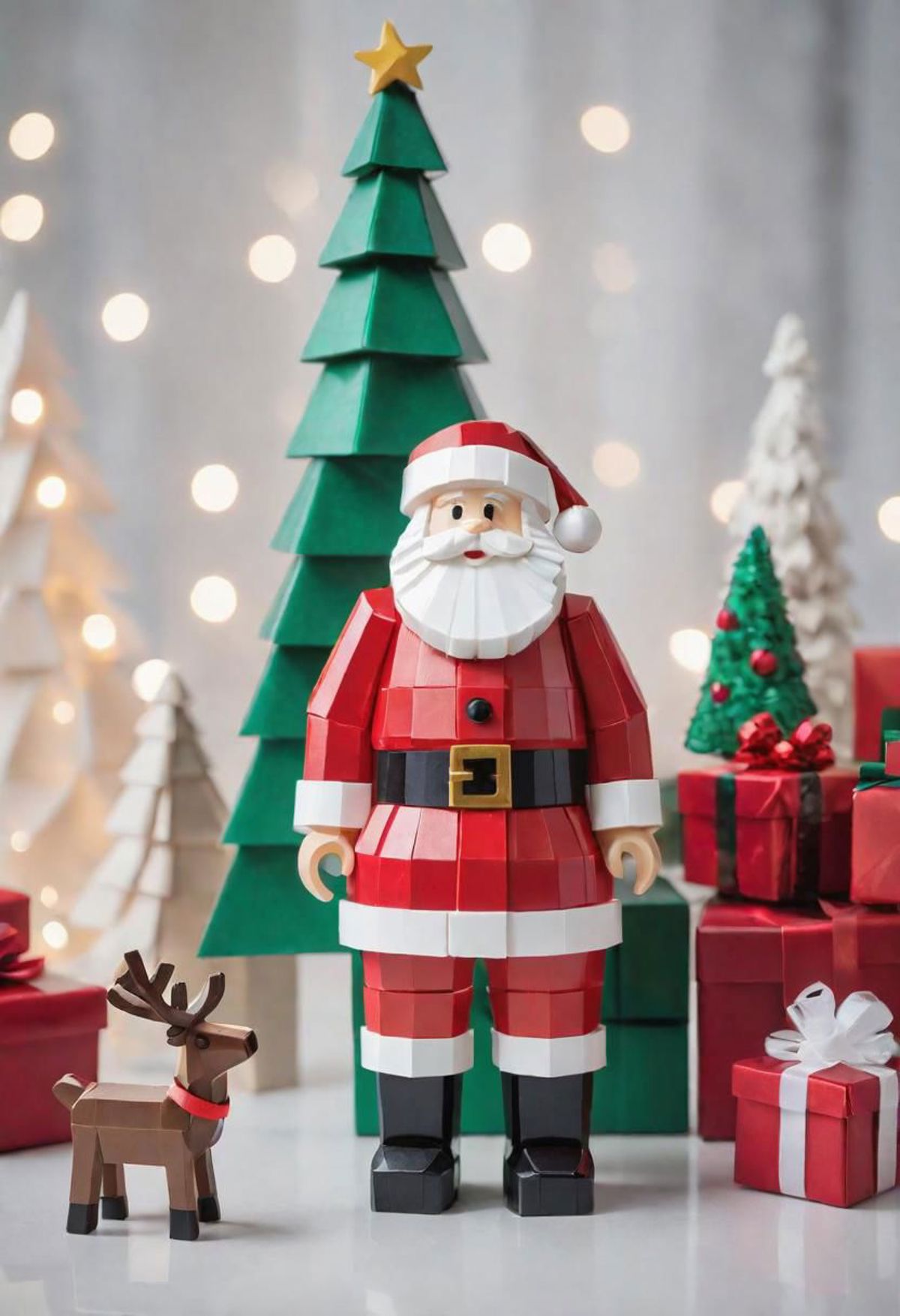 A Lego Santa Claus figure standing next to a Christmas tree.
