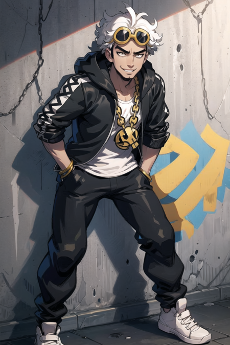 masterpiece, best quality, <lora:GuzmaLora:0.7>, guzma \(pokemon\), smile, slouching, white shirt, black jacket, hoodie, black pants, gold chain, graffiti, concrete, standing, slouch, bent over,