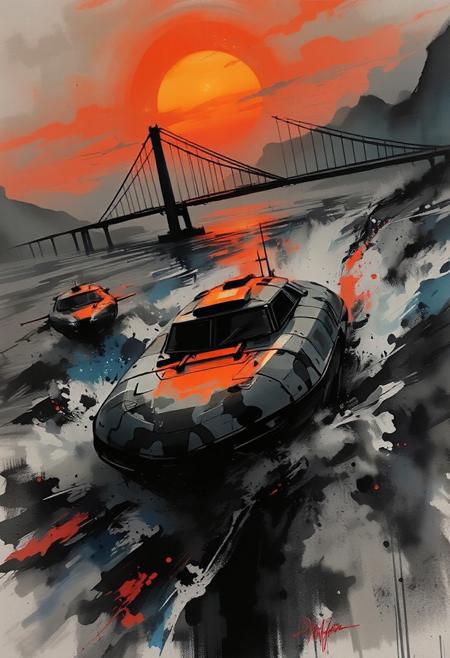 a_skynet_cyberdyne_craft, the image is featuring a, A dinkfsn style ink wash painting, intricate linework with expressive contrasts, gradient vibrant neon colour, rough, textural, broad brush strokes, a sleek military hovercraft in camouflage greys and blacks traversing rapidly across a choppy ocean, sunset, speeding under a suspension bridge
