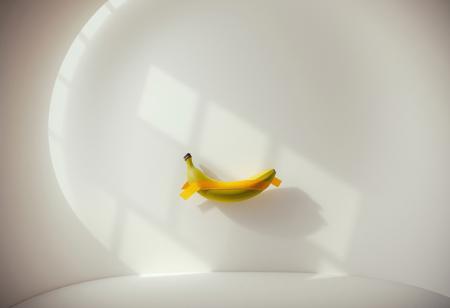 “Captured with Panavision Prime Cine optics: a minimalist studio environment with a pastel white dome-shaped wall curving smoothly into the floor, bathed in diffused cinematic lighting. The wall is adorned with soft, cube-shaped shadows, as though cast by a front-facing window grid, adding depth and architectural intrigue. At the exact middle height of the wall, an oversized, acid-green banana is prominently displayed, secured with an extra-wide strip of vibrant yellow duct tape. The premium optics bring out the intricate details of the textures, colors, and shadows, delivering a sharp, polished, and dynamic composition.”
