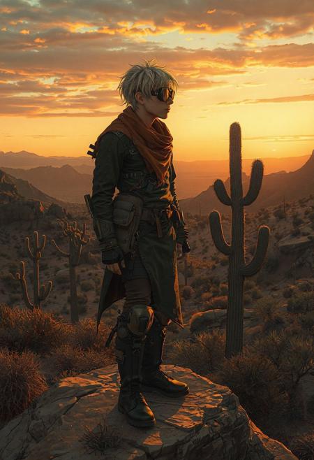 In the ethereal glow of dusk, amidst a harsh desert, an atmospheric perspective   of a small rock outcropping overlooking the rugged desert with large cactus and junipers, stands a tall slim and lean nomad. A breathtaking steampunk-biomechanical hybrid, a practical mix of both organic and steampunk aesthetics. Short messy hair multiple steaks of blonde brunette ginger and gray, and a solitary pair of lightly tinted transparent steampunk goggles. A shemagh tied loosely around the neck, with a desert survival techwear that covers everything from the neck down, with dark combat knee_boots. Draw the scene with a dull matte color pallet, dark bold outlines to give it a softer yet harsh appearance. It should be a hyper-detailed atmosphere, evoking a sense of survival and wonder as day turns to night.