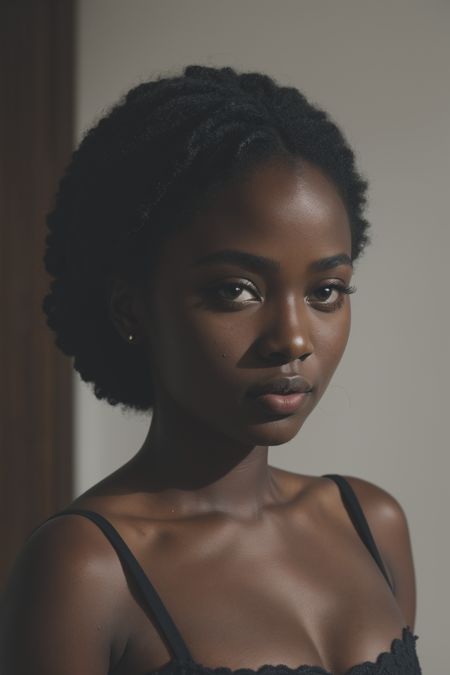 (8k, RAW photo, highest quality), beautiful (black skin woman:1.2), close up, dress, (detailed eyes:0.8), (looking at the camera:1.4), (highest quality), (best shadow), , intricate details, interior, dark studio, muted colors,