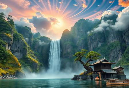 there is a tall waterfall, majestic water fall, the water fall is coming out of a mountain, Chinese mountains, there is moss growing on the mountains, small bonsai trees on the mountain, water mist, sun in the sky, sun behind clouds, water basin at base of cliff, small hut at base of cliff, small hut next to water fall, fishing rack, fishing polls, basket, fishing spot on shore, shore, clouds, swirling, vivid colours, blue, orange, pink, sky, ancient, overgrown, landscapes, intricate details, background colourful, cloud streams, dynamic, vibrant colours, high quality, detailed, realistic, beautiful, extreme detail, hyper realistic, dynamic light, expressive, digital media (artwork), hi res, masterpiece, RAW, photo, 8k, very sharp, very detailed, realistic, real, cinematic view, shaded, detailed shading, shading,