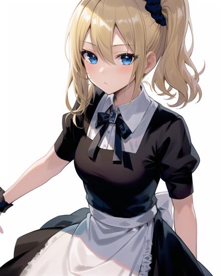 best quality,highly detailed,masterpiece,ultra-detailed,solo,1girl,(white background:1.2),delicate eyes,hayasaka_ai,full body,blue_scrunchie, short hair,blue_eyes,hair_between_eyes, side_ponytail,(blonde_hair:1.2),sidelocks,standing,bored,maid dress