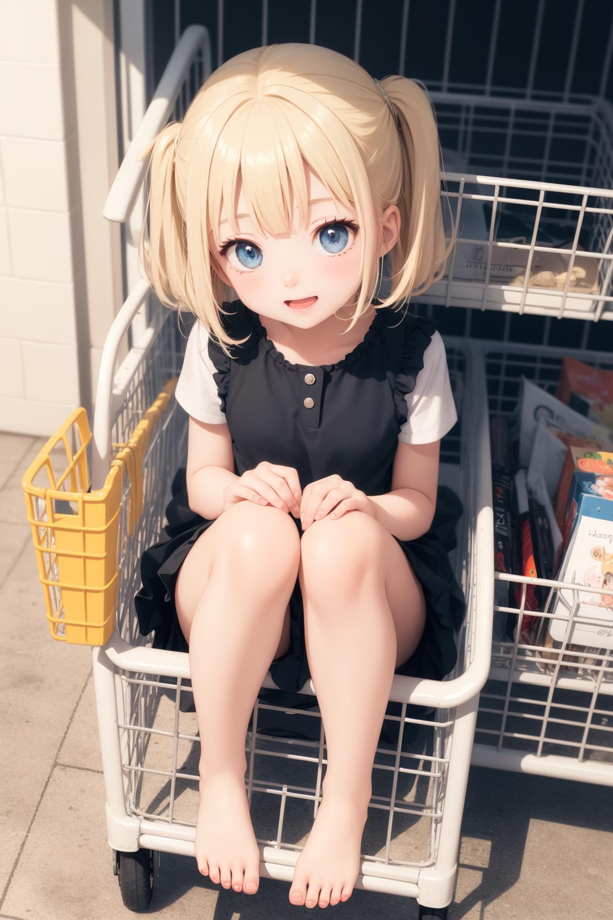A little girl sitting in a shopping cart with a shelf of books behind her.