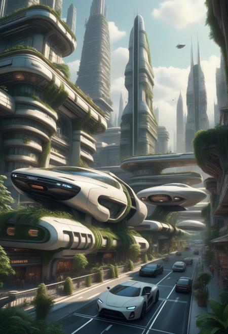 Breathtaking shot monolithic structure, futuristic, scifi, highly detailed, photorealistic, dynamic angle, intricate detail, hyper-realistic, bustling city, lush greenery, futuristic transportation, cityscape, city center, futuristic cars utopia, antique buildings mixed with scifi buildings