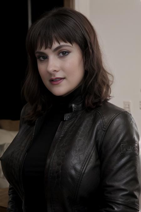 (8k, masterpiece, best quality, solo, sfw), ((Valory Irene)), portrait, (leather jacket, turtleneck), looking at camera, eyelines, eyeshadows, simple dark background, <lora:Valory_Irene_v1:0.99>, huge breasts