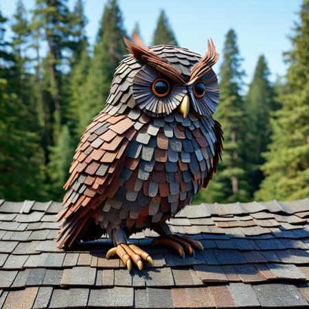 mad-shingles, score_9, score_8_up, score_7_up, score_6_up, score_5_up, score_4_up score_9,score_8_up, a realistic owl made out of Roof Shingles with Roof Shingles feathers on a forest background made out of Roof Shingles, wearing a baseball cap