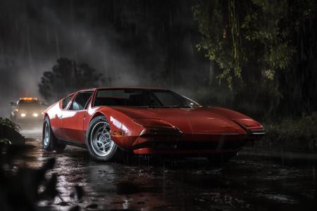 analog gloomy photo of a red Pantera car,  <lora:p4nt3r4:1>, driving through the jungle (at night), ((heavy rain)), panthers and leopards walking around, ((nighttime)), High Detail, Sharp focus, (photorealism), realistic, best quality, 8k, award winning, dramatic lighting, epic, cinematic, masterpiece, rim light, ambient fog:1.2, summertime, heat distortion, black birds,