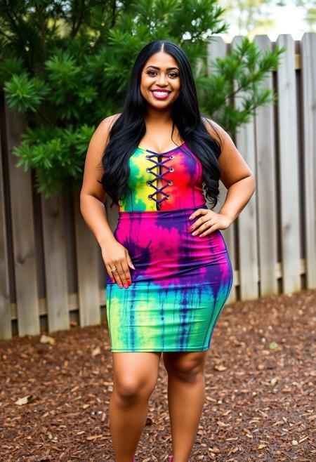 masterpiece portrait of a confident woman::1.4, realistic photographic style::1.2, modern casual portrait art::1.1, (physical description: curvy woman with long black hair, fair skin, standing tall)::1.1, (facial features, expression: broad friendly smile, bright eyes, full pink lips, dark eyebrows)::1.0, (clothing details: vibrant tie-dye mini dress with criss-cross lace-up front, sleeveless, form-fitting; hot pink ankle-strap high heels with textured platform sole)::1.0, (accessories: silver ring on left hand, bright red nail polish)::0.9, (background setting: wooden slatted fence, sparse green foliage, ground covered in brown pine needles and leaves)::0.9, (lighting style: bright natural daylight, even illumination)::0.8, (composition and camera framing: full body shot, centered, slightly low angle, vertical orientation)::1.0, (emotional tone or theme: vibrant, cheerful, confident, casual outdoor style)::0.9, (technical execution: sharp focus, high detail, natural colors)::0.8.
