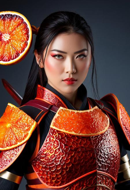 Ultrarealistic. sharp focus, dynamic lighting. play of light, Raytracing, Ultra detailed. (blood orange style). A beautiful female samurai warrior wearing an armor made of blood orange. Katana in hand. Cowboy shot. Make up.