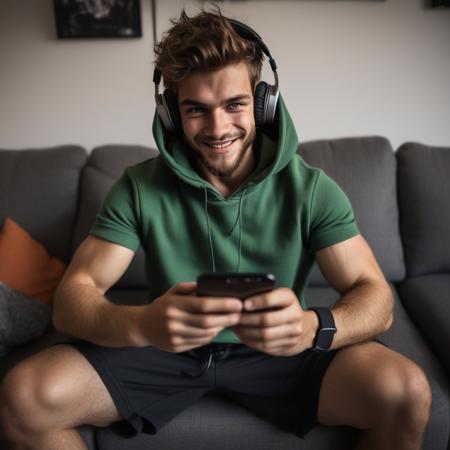 holding phone, photo background, arm hair, green eyes, hoodie, upper body, closed mouth, blurry background, young male, foot focus, solo, headphones, pose, hood, black shorts, feet, standing, sitting, couch, smile, beard, flexing