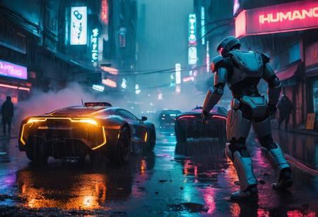 Futuristic cyberpunk scene in the year 2099 of humanoid robots rioting on streets, futuristic tech everywhere, futuristic cyberpunk cars, chaos everywhere, robots turning cars over, fires, people running, night, raining, wet asphalt, futuristic police, fire, smoke, neon lights, cinematic