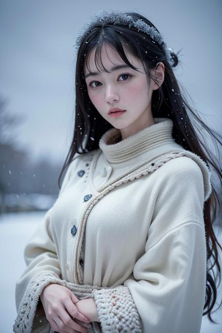 (8k, best quality, masterpiece, ultra highres:1.2) Photo of Pretty Japanese woman in the (style of paul rubens and rebecca guay:1.1) (melancholy winter snow:1.4)