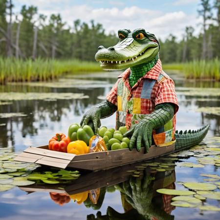 anthropomorphic patchwork alligator shopping for groceries in a swamp, (best quality, masterpiece)
