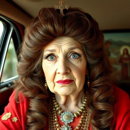 A Fringe Religious leader, She looks like an old (very, very elderly) decrepit movie star from the 1930's that should have faded into obscurity, Mu-Mu's, huge brown wigs, eyelashes you could cut frozen meat with, and a gallon of mascara every three hours. And the jewelry! She is driven around in a immense private car from the 70's with a massive fiberglass crucifix on the top, and scenes from her made up 'religion' on the side of the car. I'm not sure that she isn't a he...