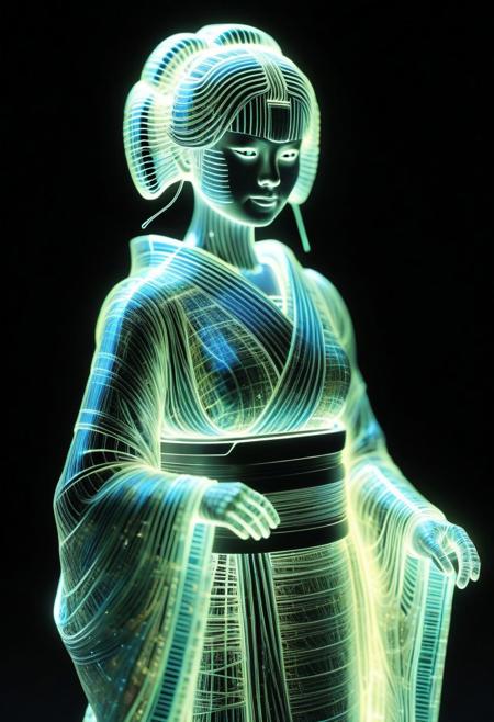 <lora:World_of_Glass_Filament:0.6> made of, tiny neon (glass:1.1) filaments, w0gf1l, Android, geisha, with robotic parts, in flowery kimono, Intricate details, 8 k, cinematic <lora:sss:0.8> subsurface scattering, sss <lora:envyStarlight_v10:0.8>