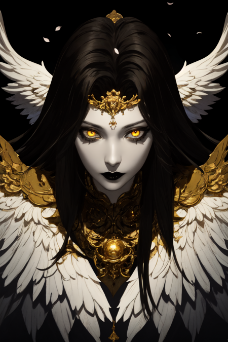 <lora:Endsinger_FFXIV:0.7> Endsinger, (masterpiece, best quality, ultra-detailed, highres), perfect face, sidelighting, lustrous skin,(bloom), (shine), lighting, ray tracing, sci-fi,1girl, solo, black hair, black lips, looking at viewer, wings, head wings, yellow eyes, long hair, colored skin, upper body, closed mouth, feathered wings, glowing eyes, artist name, glowing, bangs, colored sclera, depth_of_field,very detailed background, highly detailed background, Masterpiece, Ultra detailed, great composition,Dynamic angle,extremely delicate and beautiful,(Highest picture quality), (Master's work),   depth of field, solo, extreme light and shadow, masterpiece, rich in detail, (fine features), (highest quality), (masterpiece), (detailed eyes), (beautiful) detailed,beautiful detailed eyes,(straight-on), upper body, cyberpunk:1, flower petals falling, (extremely detailed CG unity 8k wallpaper),(masterpiece), (best quality), (ultra-detailed), (best illustration),(best shadow),perfect lighting , perfect anatomy , vivid colors,  (masterpiece),