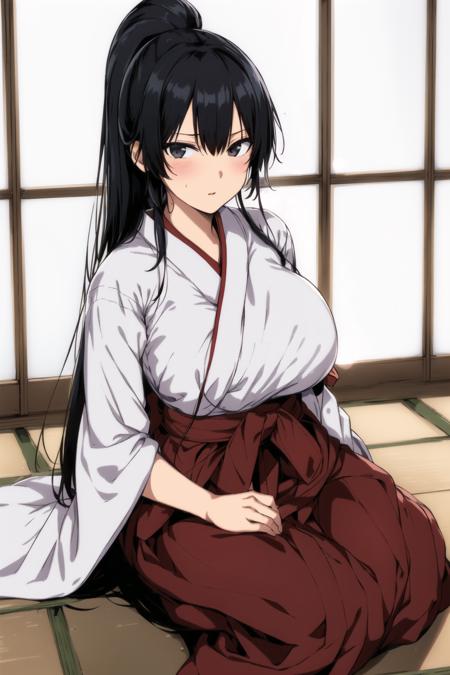 (day:1.7), in a room with a window,
sitting on the floor,
red_Hakama with white_kimono,japanese clothes,
<lora:Shiramine_Kuou_Angel_Academy-KK77-V2:0.7>,
Black eyes, Black hair,bangs, Long_hair, High ponytail,
1 girl, 20yo,mature female,Beautiful Finger,Beautiful long legs,Beautiful body,Beautiful Nose,Beautiful character design, perfect eyes, perfect face,
looking at viewer, in the center of the image,focus on face,
NSFW,official art,extremely detailed CG unity 8k wallpaper, perfect lighting,Colorful, Bright_Front_face_Lighting,
(masterpiece:1.0),(best_quality:1.0), ultra high res,4K,ultra-detailed,
photography, 8K, HDR, highres, absurdres:1.2, Kodak portra 400, film grain, blurry background, bokeh:1.2, lens flare, (vibrant_color:1.2)
(Beautiful,Large_Breasts:1.2), (beautiful_face:1.5),(narrow_waist),