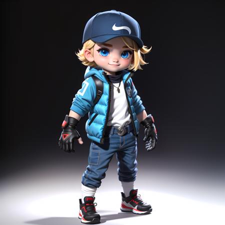 ((masterpiece, best quality)),(complex lighting),,solo, smile, blue eyes, blonde hair, simple background, gloves, 1boy, hat, white background, full body, male focus, shoes, pants, fingerless gloves, vest, baseball cap, <lora:JaeyeonNam12-10:0.6>