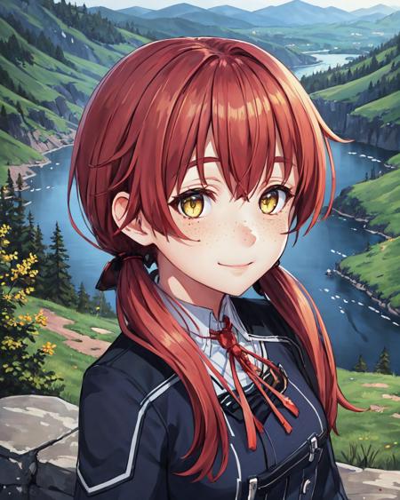 best quality, (masterpiece:1.2), illustration, absurdres,
(1girl), (solo), (beautiful detailed girl), (upper body, portrait),,
<lora:Sandy-08:0.8>, freckles, low twintails, red hair,  hair over shoulders, yellow eyes, petite, small breasts, 
blue school uniform, boots,
smile, looking at viewer, 
on a mountaintop, overlooking, distant valley, distant river, distant forest,