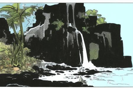 CavazzanoComics waterfall, late at night, black sky <lora:CavazzanoStyle:0.6>