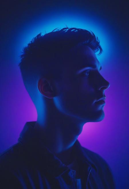 Young man, moody, slightly dark, gradient, artsy, pop album cover shot, graphic design background, ethereal glow surrounds his head, mystic shine, blue purple neon lights