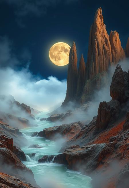 Imagine a dreamscape where natural beauty and surreal elements blend seamlessly. Boiling rivers carve their way through a rugged landscape, their surfaces shimmering with heat. The fog, thick and heavy, rises from the earth and merges with the low-hanging clouds, creating a mysterious, almost mystical atmosphere.
Towering rock spires, weathered by time, stretch towards the sky, their jagged forms seemingly supporting a glowing, full moon. These ancient pillars, rooted deeply in the earth, give the scene a sense of timelessness and natural grandeur. The colors are rich yet grounded, with the deep blues of the night sky contrasting against the warm, earthy tones of the landscape.
Every detail is meticulously rendered, from the delicate patterns of steam rising from the rivers to the rough textures of the spires. The overall effect is one of surreal realism, where the natural world is imbued with a dreamlike quality, blending the boundaries between what is real and what is imagined.